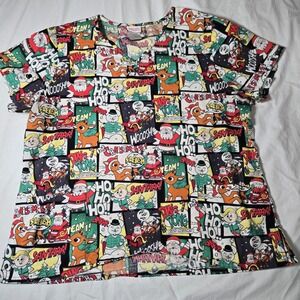 Rudolph the Red-Nosed Reindeer Scrub Top‎ Women's XL Santa  Frosty Cotton Multi